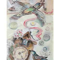 Šilko tapyba "Laikrodis su gegute"