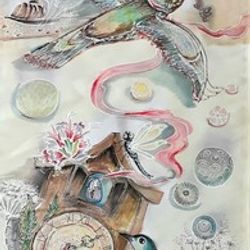 Šilko tapyba "Laikrodis su gegute"